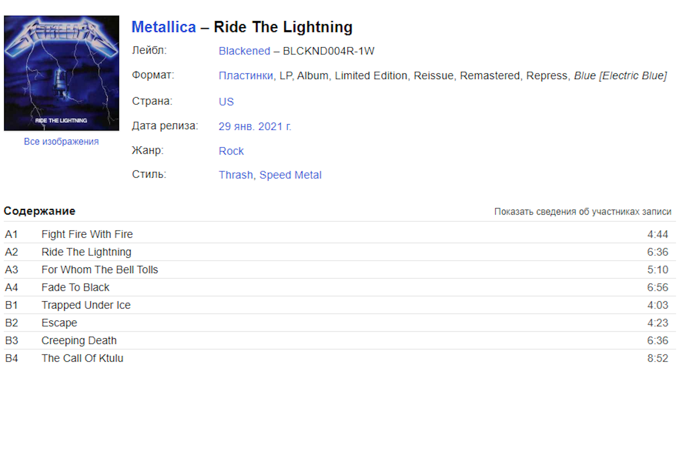 Metallica - Ride The Lightning LP (голубой винил)