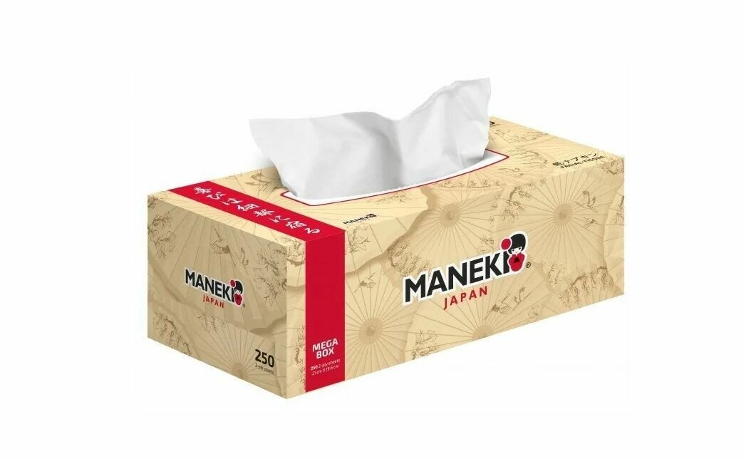 Салфетки бумажные белые Maneki Kabi 2 слоя, коробка, 250 шт