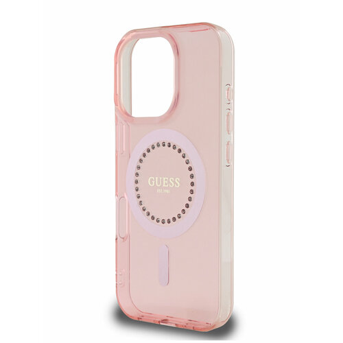 Guess для iPhone 16 Pro чехол PC/TPU Diamond Rhinestone Circle Hard Pink (MagSafe) розовый