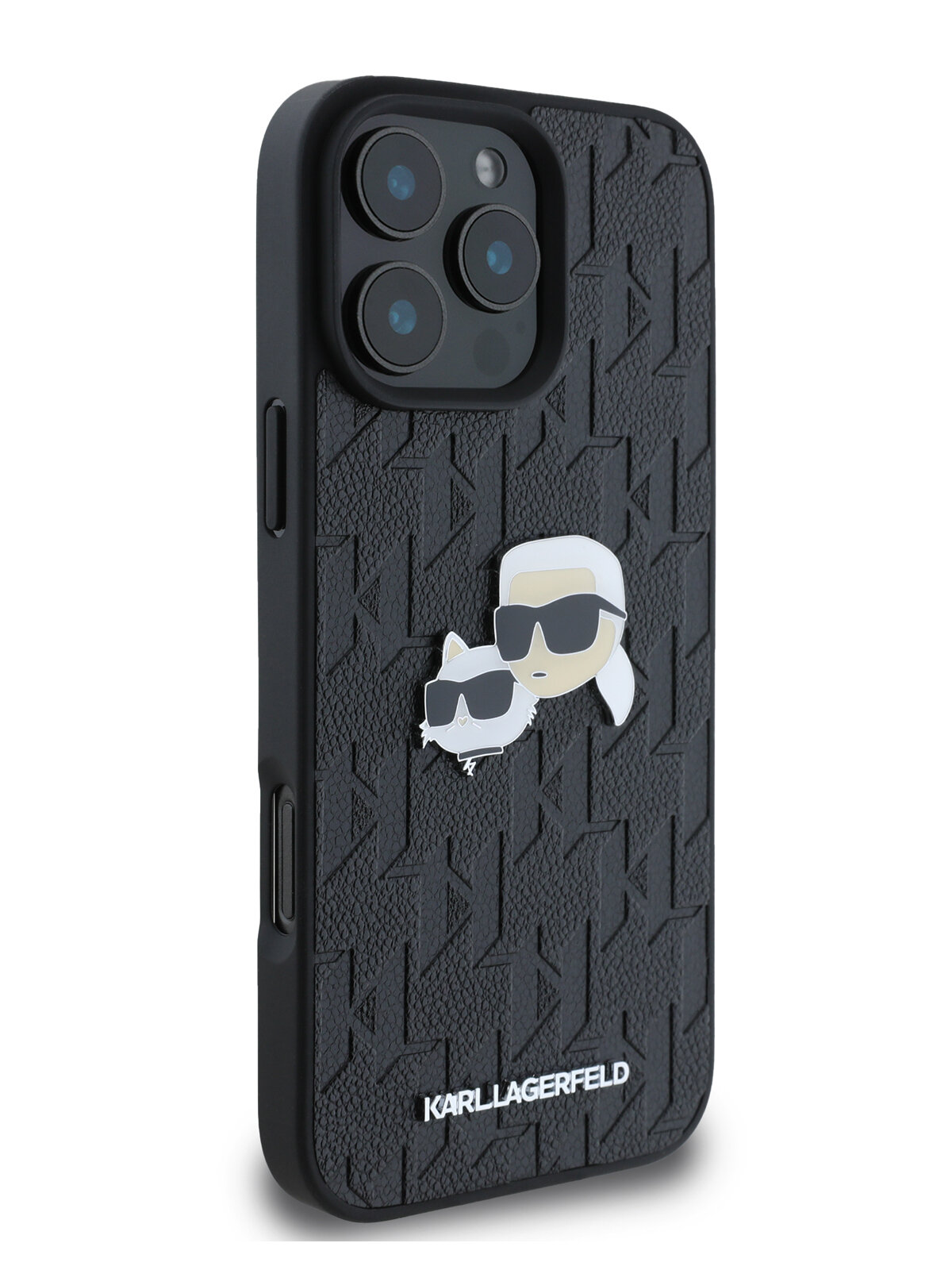 Lagerfeld для iPhone 16 Pro Max чехол PU Grained Monogram NFT Karl&Choupette metal Heads Hard Black — фото 1