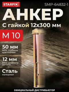 Изображение товара Анкерный болт с гайкой М10х12х300 мм STARFIX, для бетона, 1 штука (SMP-64832-1)