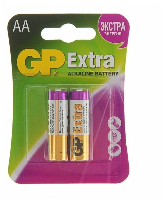 GP Батарейка алкалиновая GP Extra, AA, LR6-2BL, 1.5В, блистер, 2 шт.
