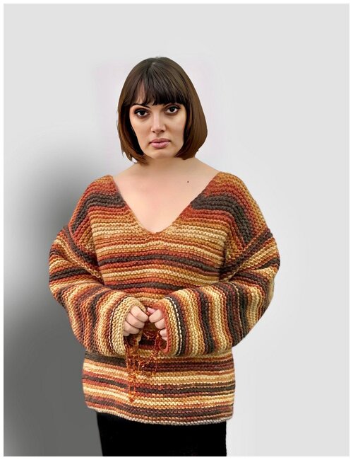 Пуловер Amici Sarti, длинный рукав, свободный силуэт, вязаный, крупная вязка, размер L, коричневый, бежевый