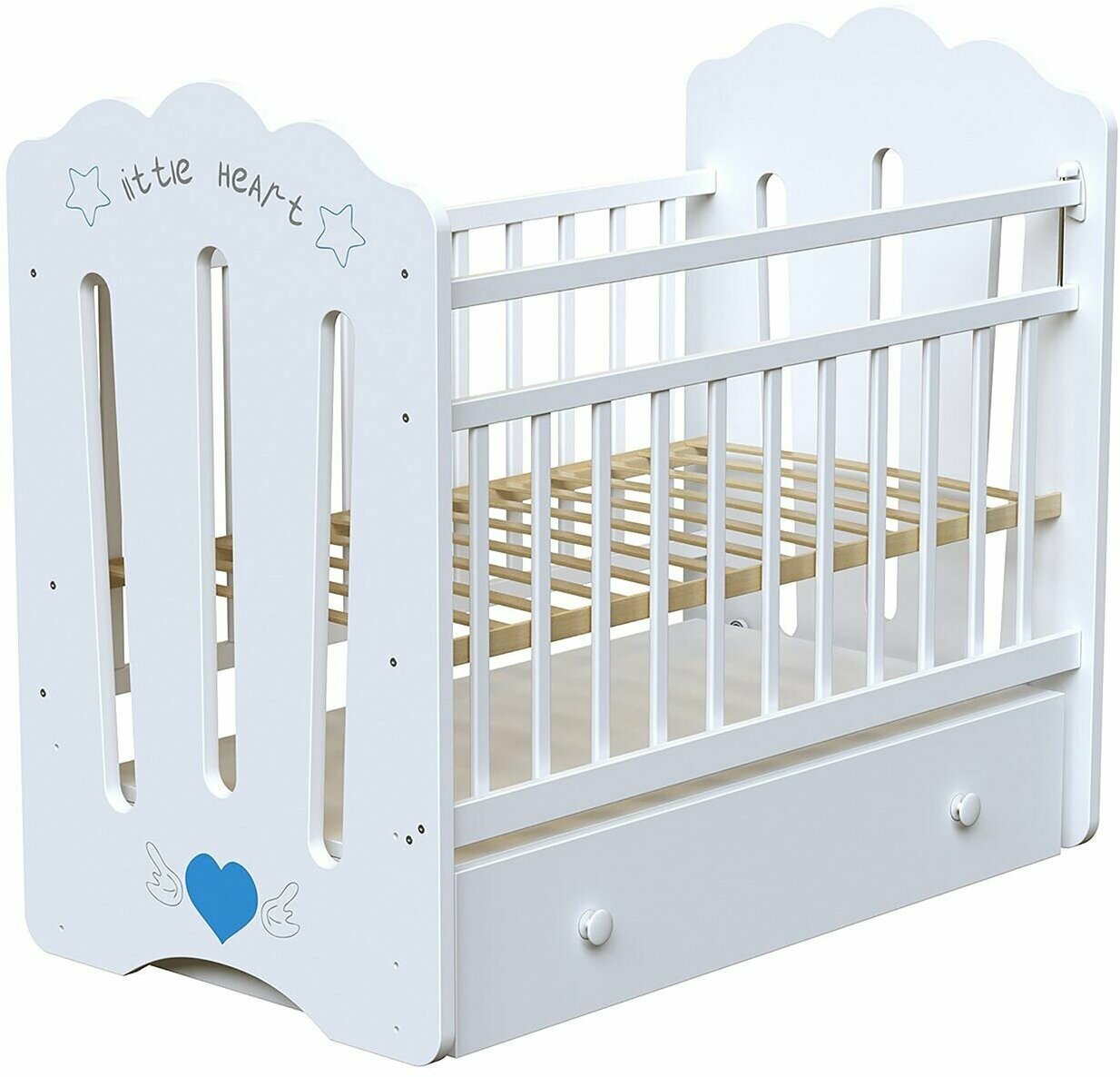Кроватка детская для новорожденных ВДК LITTLE HEART с маятником и ящиком, массив березы, белый