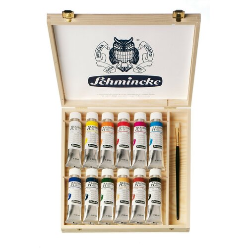 Набор масляных красок Schmincke Akademie Oil Color 12 цветов по 60 мл, кисть, деревянная упаковка