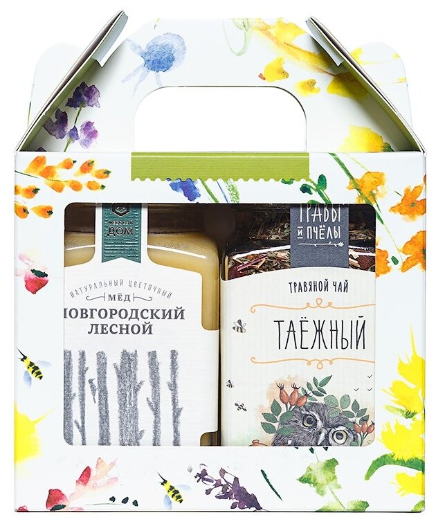 Мёд "медовый ДОМ" натур. цветочный Новгородский лесной 320г+ Чай травяной Таежный 65г*4, стекло