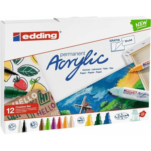 Набор акриловых маркеров Edding Start 12 цветов (толщина линии 1-2, 2-3, 5-10 мм) + набор открыток