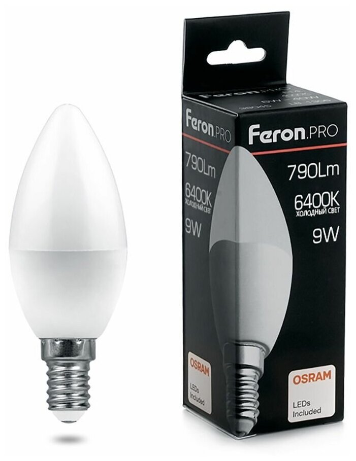 Лампа светодиодная LED 9вт Е14 дневной матовая свеча Feron.PRO OSRAM | код. 38061 | FERON (4шт. в упак.)