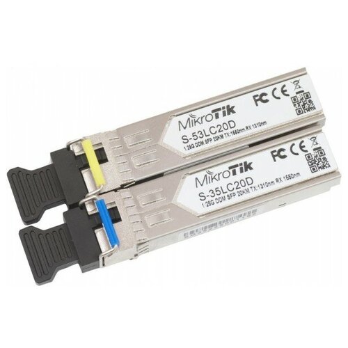 Комплект Mikrotik S-3553LC20D (2 шт.) SFP модулей, с разъемом LC, со скоростью передачи данных 1,25 Гбит/с на расстояние до 20 км, работает в волновом
