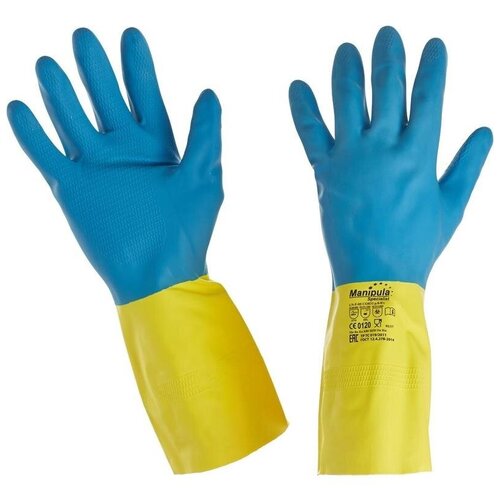 перчатки защитные латексные manipula specialist блеск х б напыление размер 8 8 5 m желтые 12 пар l f 01 Перчатки защитные латексно-неопреновые Manipula Specialist Союз, х/б напыление, размер 8-8,5 (M), синие/желтые, 12 пар (LN-F-05)