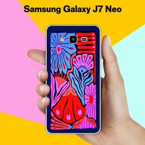 Силиконовый чехол на Samsung Galaxy J7 Neo Цветы на синем / для Самсунг Галакси Джей 7 Нео