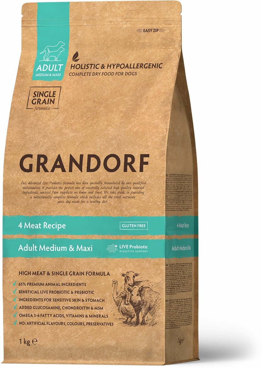 Grandorf 4 Meat & Brown Rice Adult All Breed 1 кг - корм сухой четыре вида мяса и бурый рис для взрослых собак всех пород