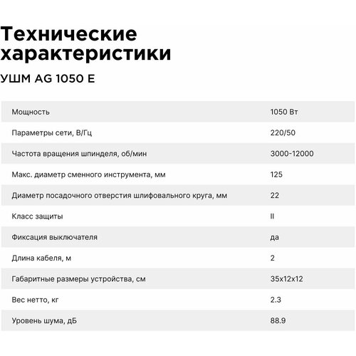 УШМ (болгарка) сетевая Handtek AG1050 E, 1050 Вт, диск 125 мм в подарок, 3000-12000 об/мин, угловая шлифовальная машинка, универсальный ключ