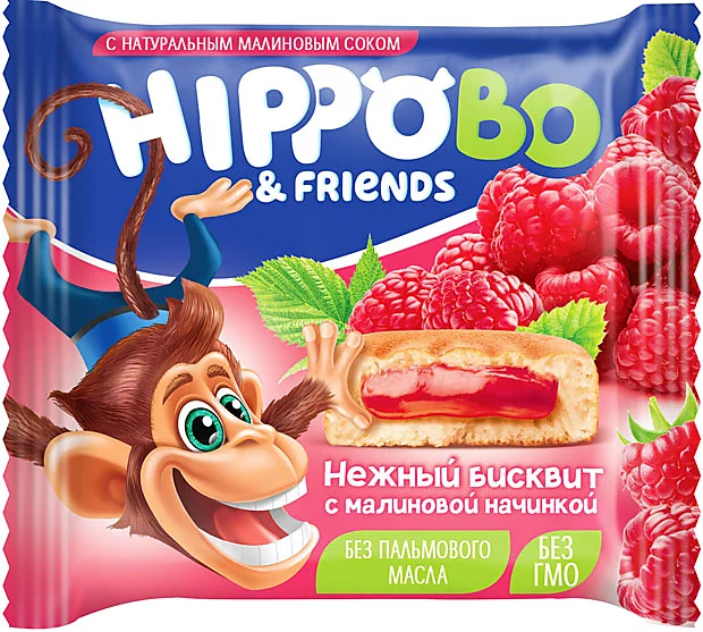 Бисквитное пирожное HIPPO BO & friends с малиновой начинкой, 32 г (упаковка 12 шт.)