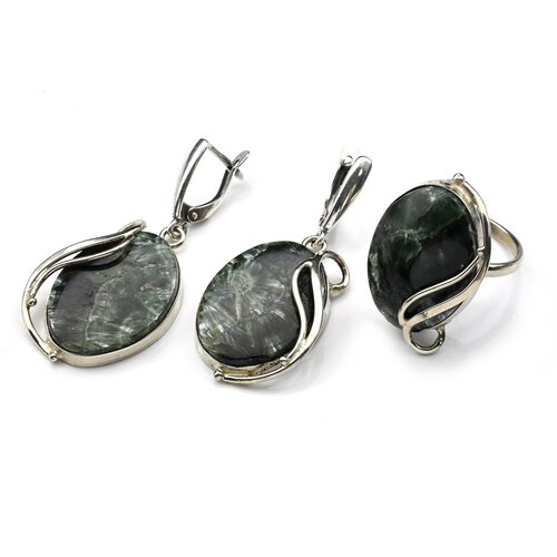 Комплект бижутерии Радуга Камня: кольцо, серьги, серафинит, размер кольца 17.5, зеленый
