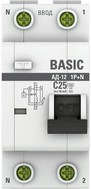 EKF Автоматический выключатель дифференциального тока 1P+N 25А 30мА тип АС х-ка C эл. 45кА АД-12 Basic DA12-25-30-bas