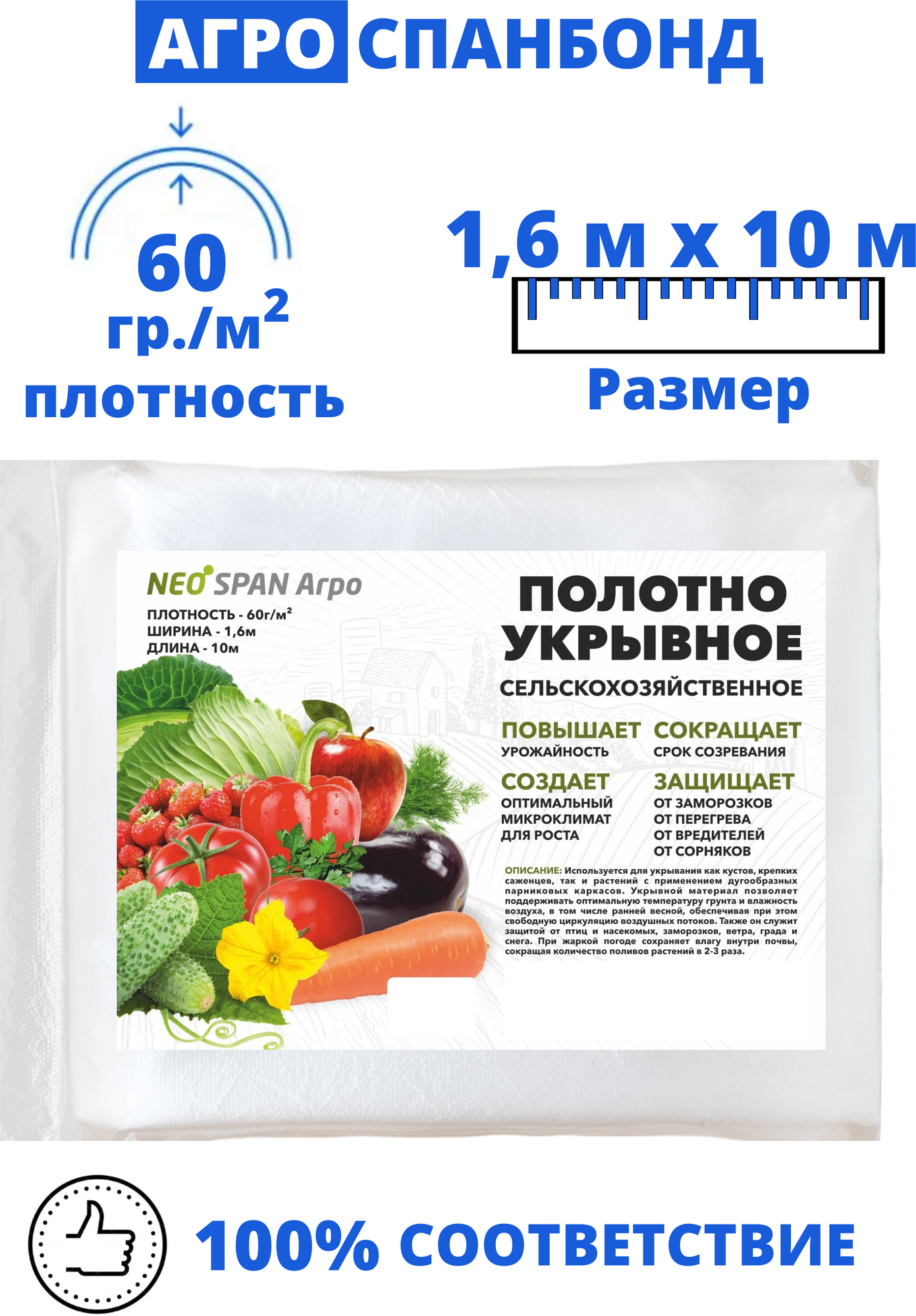 Укрывной материал. Спанбонд белый СУФ 60 г/м2, длина 10 м, ширина 1,6 метра. NEOSPAN. - фотография № 1