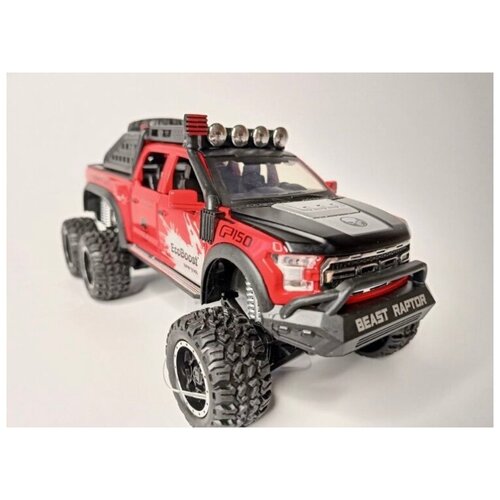 Коллекционная машинка игрушка металлическая Ford Raptor F150 6x6 с дымом для мальчиков масштабная модель 1:24 красная машины dickie машинка scout ford f150 raptor 33 см