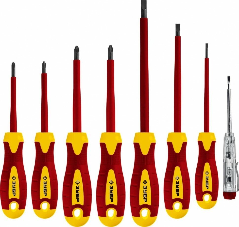 Набор: Отвертки SL 3, 5, 6 / PH 1, 2 / PZ 1, 2, тестер 100-250 В, ЗУБР "профессионал" 25268, в кейсе, 8 предметов 25268