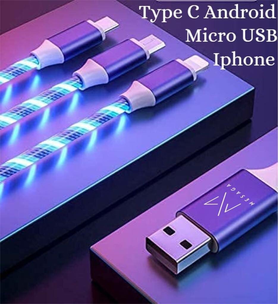 USB/Kабель для зарядки телефона/USB кабель светящийся 3 в 1 / Type C / MicroUSB/Iphone/ кабель для зарядки телефона/USB 3 in 1