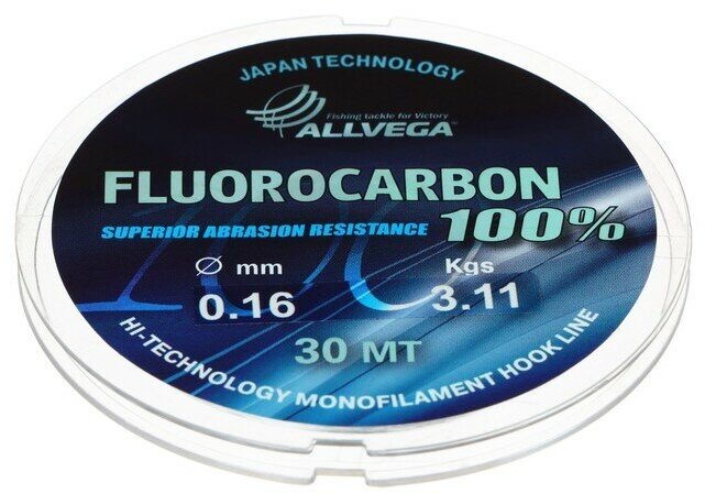 Леска монофильная ALLVEGA Fх Fluorocarbon 100%, диаметр 0.16 мм, тест 3.11 кг, 30 м, прозрачная