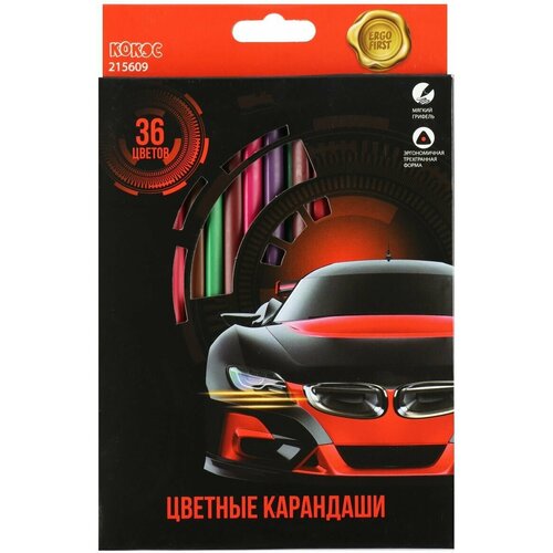 Карандаши цветные 36 цветов, дерево, трехгранный Hot Road ERGO First кокос 215609