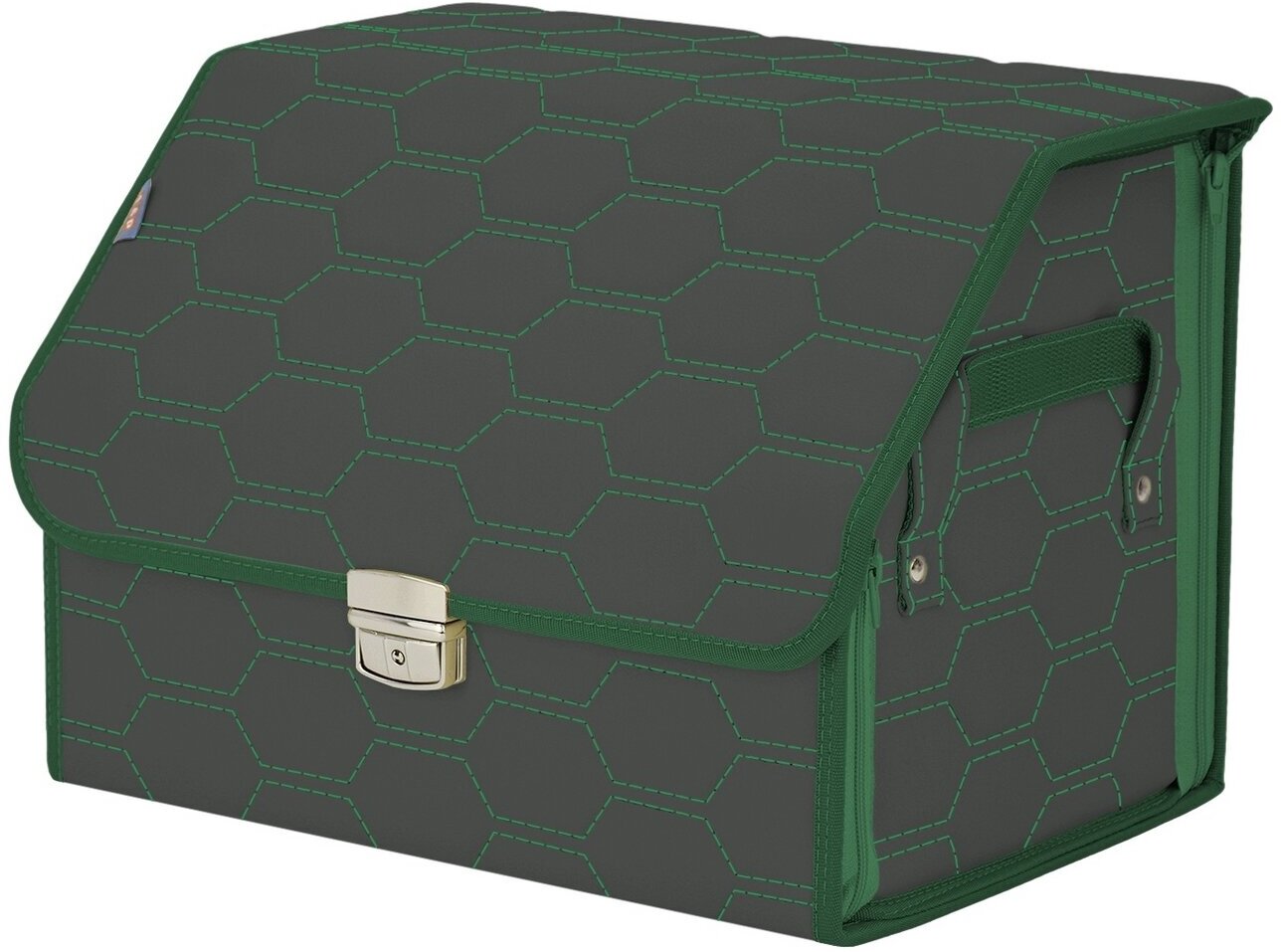 Органайзер-саквояж в багажник "Союз Премиум" (размер M). Цвет: серый с зеленой прострочкой Соты.