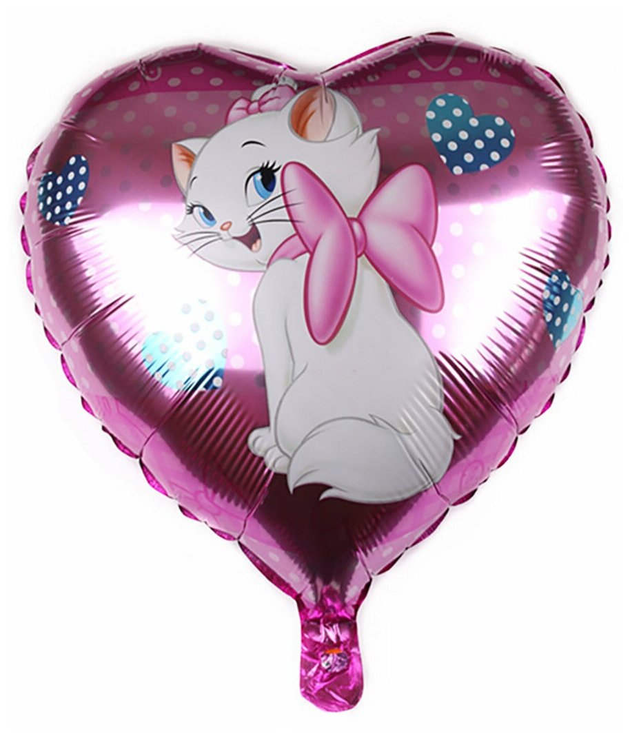 Воздушный шар фольгированный Falali сердце, Белая кошечка с бантом, розовый, 46 см