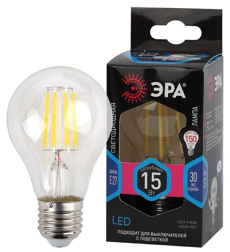Лампа светодиодная филаментная F-LED-15W-840-E27 15Вт A60 грушевидная 4000К нейтр. бел. E27 Эра, ЭРА Б0046983 (1 шт.)