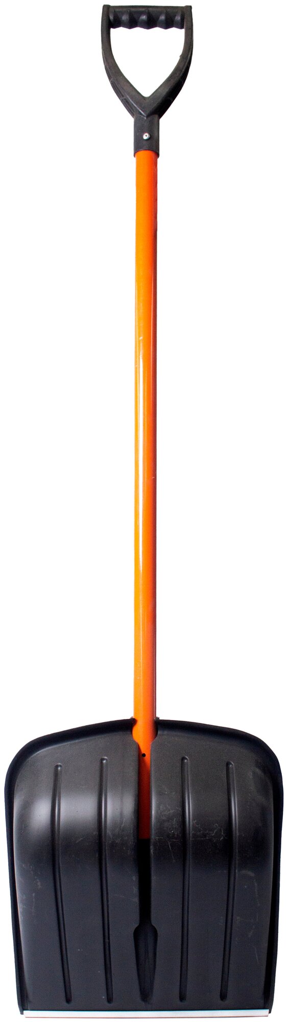 Лопата для уборки снега 443*371*193 в сборе с алюминиевым резцом и алюминиевым оранжевым черенком с ручкой - фотография № 3