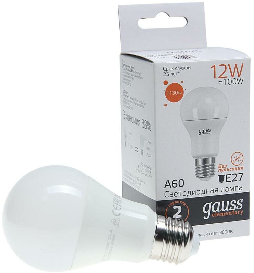Лампа светодиодная E27 A60 12W(100W) 220V теплый GAUSS 23212