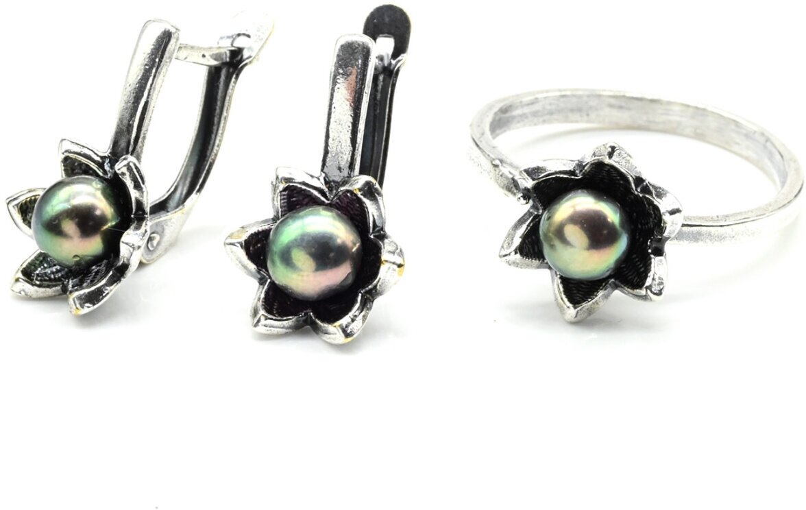 Комплект бижутерии Радуга Камня: серьги, кольцо, жемчуг пресноводный
