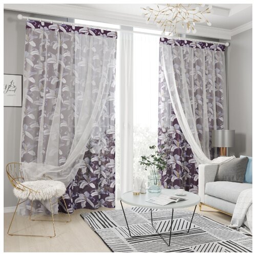 фото Комплект штор с тюлем на шторной ленте 18085, 145*260 см, 2 шт, подхват 2 шт. сирень
