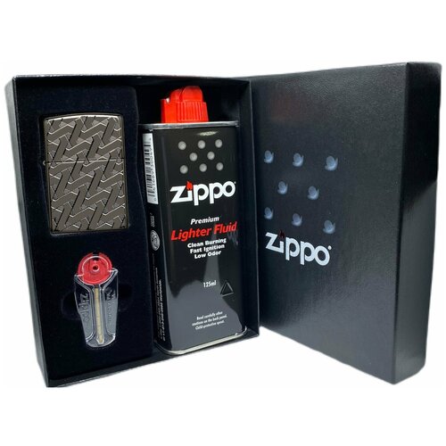 Подарочный набор ZIPPO ( Зажигалка ZIPPO 49173 Armor, черная, с покрытием High Polish Black Ice + кремни + топливо, 125 мл )