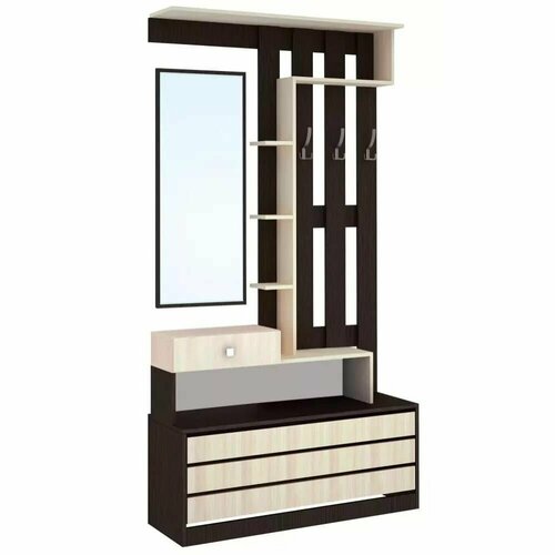 Прихожая Ямайка центральная секция Венгедуб молочный ЛДСП с полками ящиками крючками тумбой зеркалом для дома дачи 1100х350х2100 тэкс 9690₽