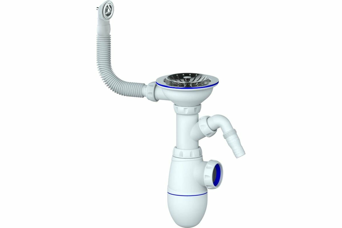 Сифон для мойки Unicorn с круглым переливом и отводом для стиральной машины - фото №1