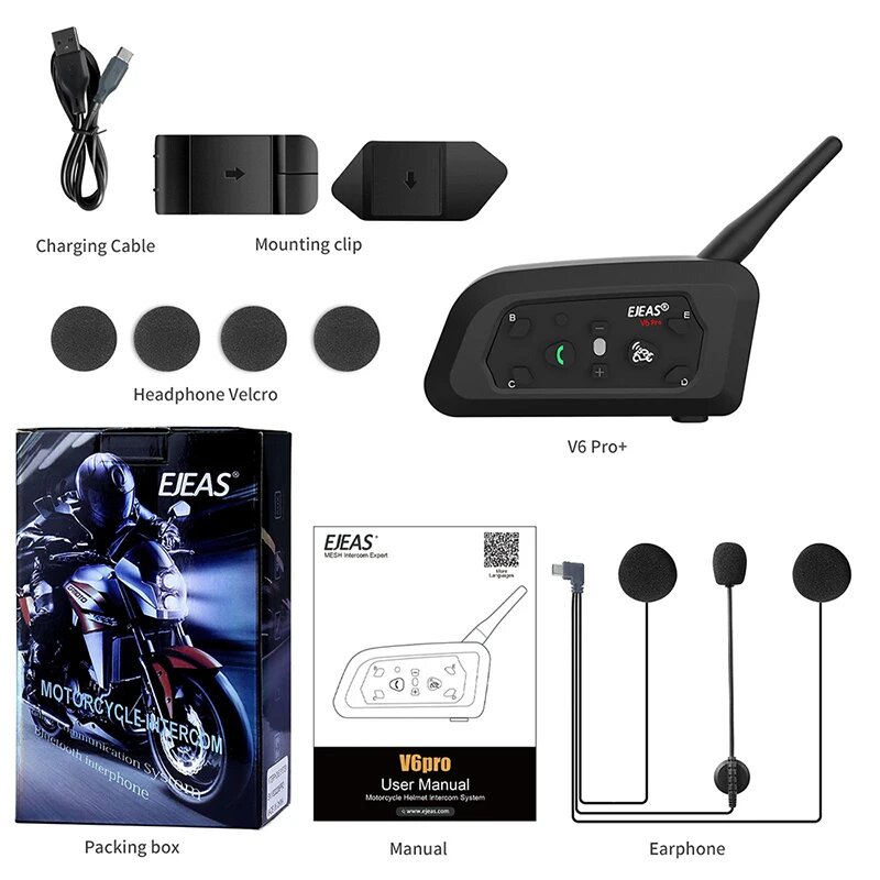EJEAS V6 Pro + Moto Intercom Bluetooth-гарнитура для шлема типа C IP67 Водонепроницаемый мотоциклетный переговорный телефон 800 м Коммуникатор для 6 гонщиков, Черный
