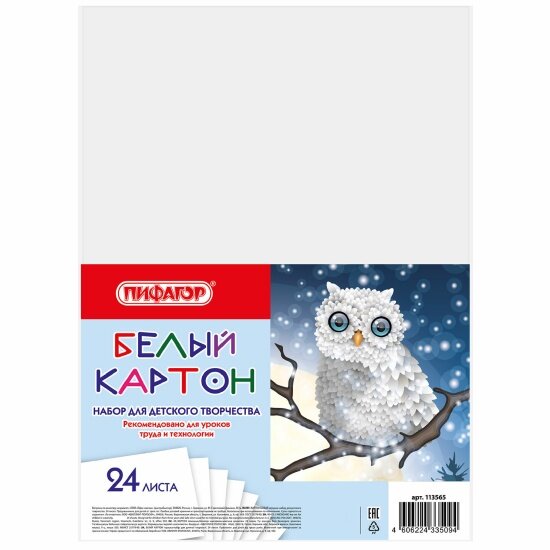Картон белый Пифагор А4 немелованный  матовый   24 листа    200х290 мм   Совушка   113565