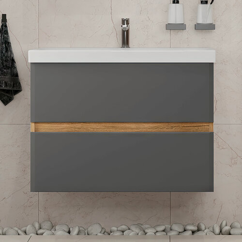 Изображение товара Тумба подвесная SanStar Graffa 80 с раковиной Moduo 80 (комплект) для ванной комнаты Дуб вотан, графит софт