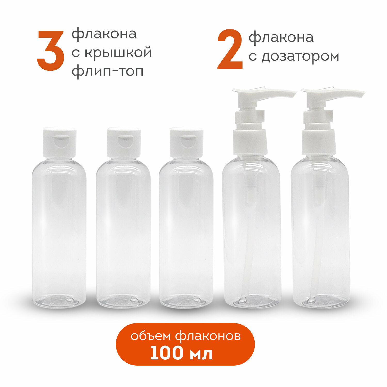 Дорожный набор флаконов 5 шт. 100 мл баночек для шампуня, геля, мыла, косметики для путешествий для ванны в косметичке с наклейками, Daswerk, 609295 — фото 1