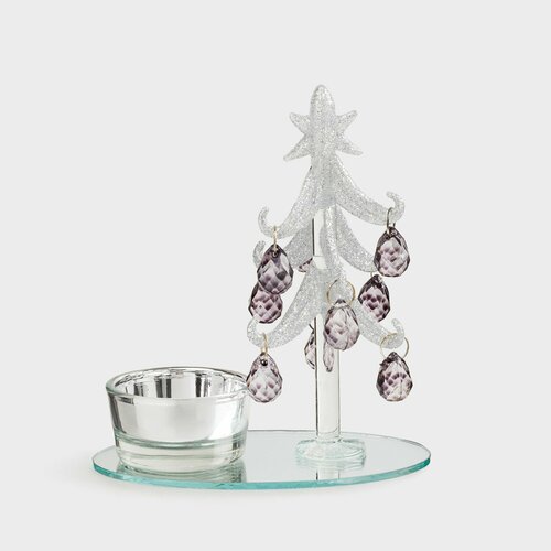 Статуэтка, 12 см, с подвесками, с подсвечником, стекло, серебристая, Ель, Christmas vitreous серебристый, размер 12x12 см, подсвечник ,  4,5 см