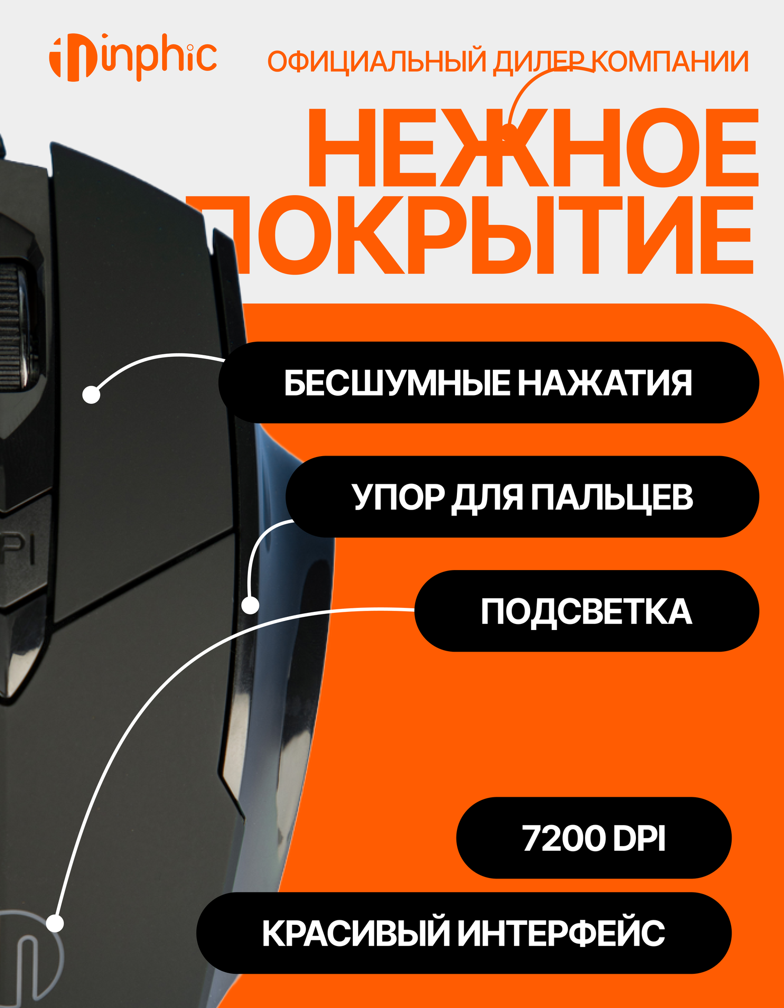 Проводная мышь inphic PW1 бесшумная, с подсветкой, анатомической формы для правой руки, регулировка DPI, программируемая — фото 1