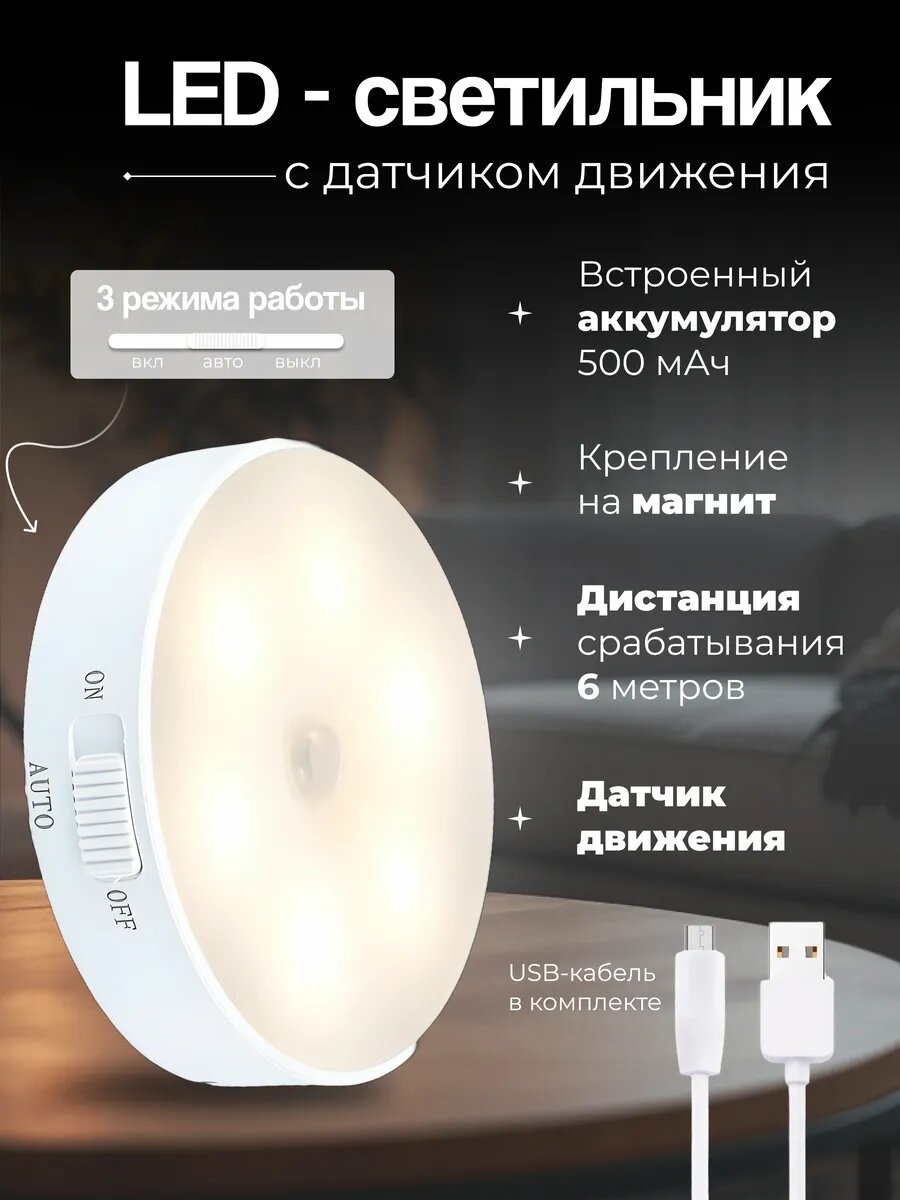 Светильник беспроводный rushew, с датчиком движения и аккумулятором