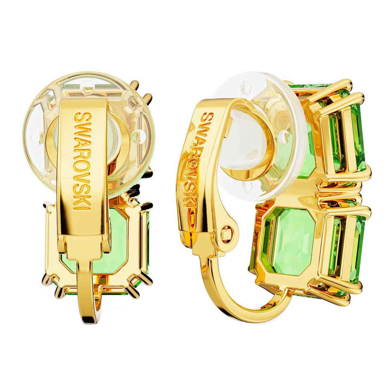 Серьги клипсы SWAROVSKI, искусственный камень, размер 17 мм, зеленый, золотой — фото 1