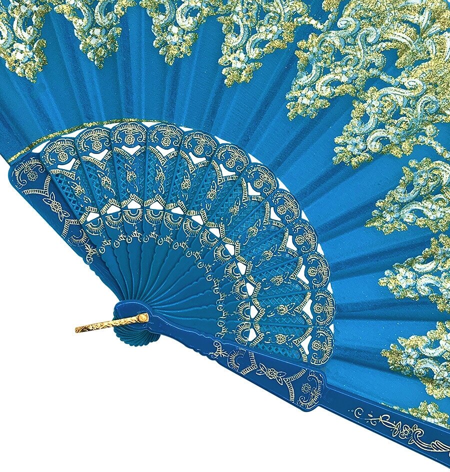 Веер складной пластмассовый тканевый ручной японский для восточных танцев с кисточкой для фотосессии синий - фотография № 4