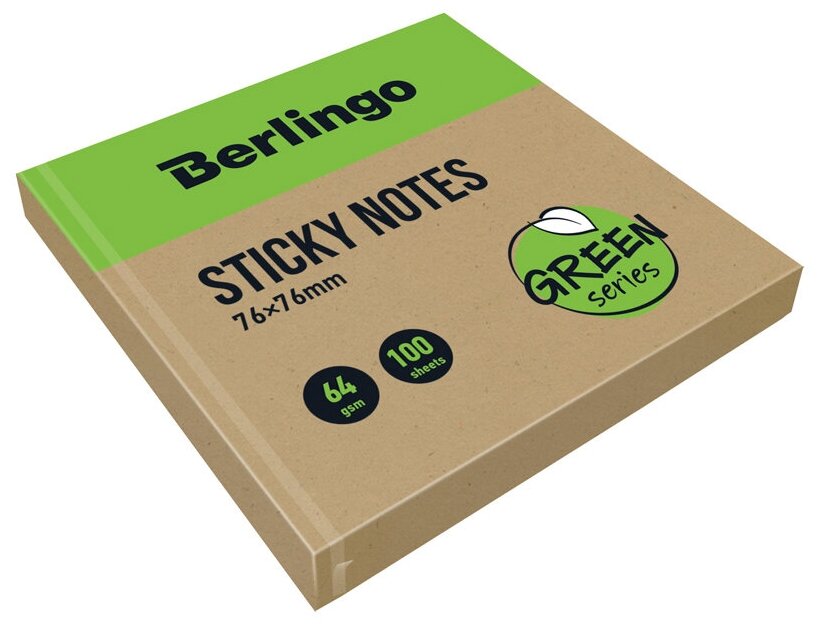 Стикеры (самоклеящийся блок) Berlingo "Green Series", 76x76мм, 100 листов, крафтовая бумага (LSn_42076), 12 уп.