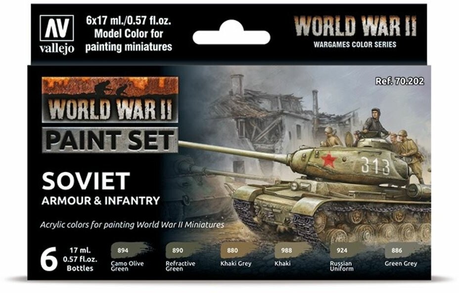 Набор акриловых красок Vallejo Model Color Set - WWII Soviet Armour & Infantry 70202 (6 красок по 17 мл)