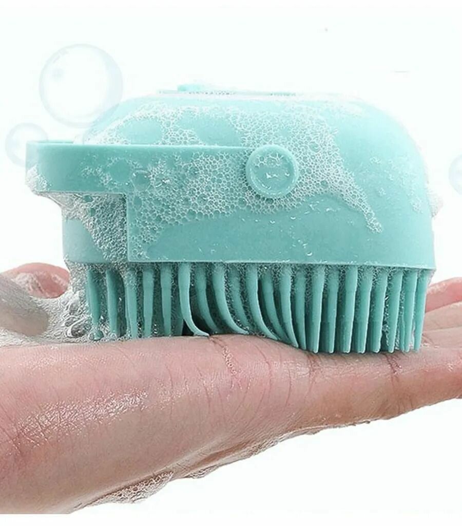 Массажная силиконовая щетка для мытья животных с дозатором для шампуня, бирюзовый - фотография № 6