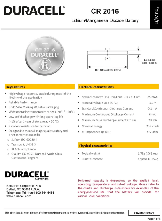 Батарейки литиевые Duracell Specialty, тип CR2016, 3В, 2шт