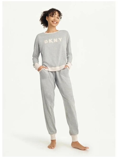 Пижама DKNY, брюки, свитшот, длинный рукав, пояс на резинке, трикотажная, карманы, размер L, серый